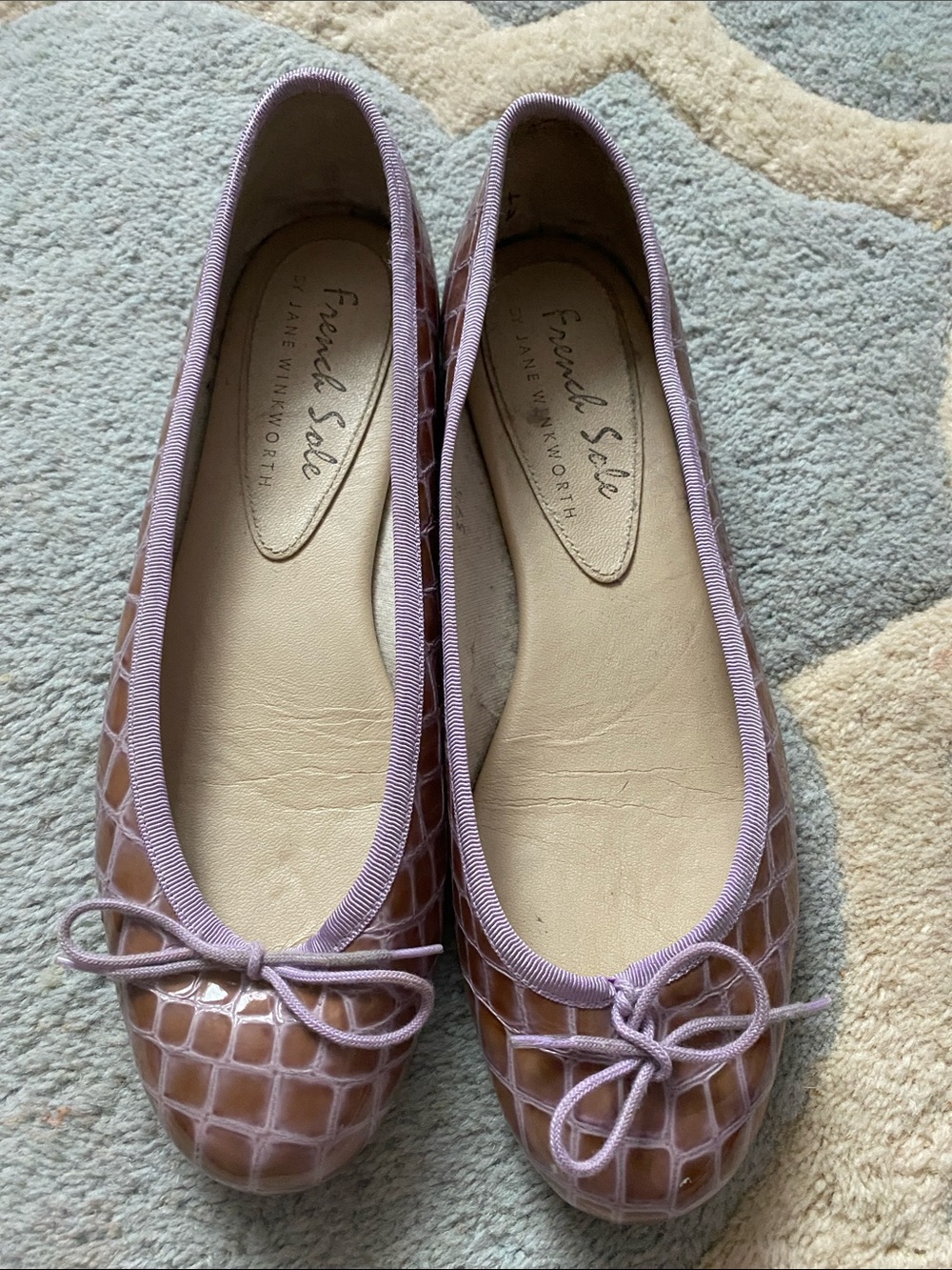 French Sole Brown Croc Ballet Flats with Lilac Trim